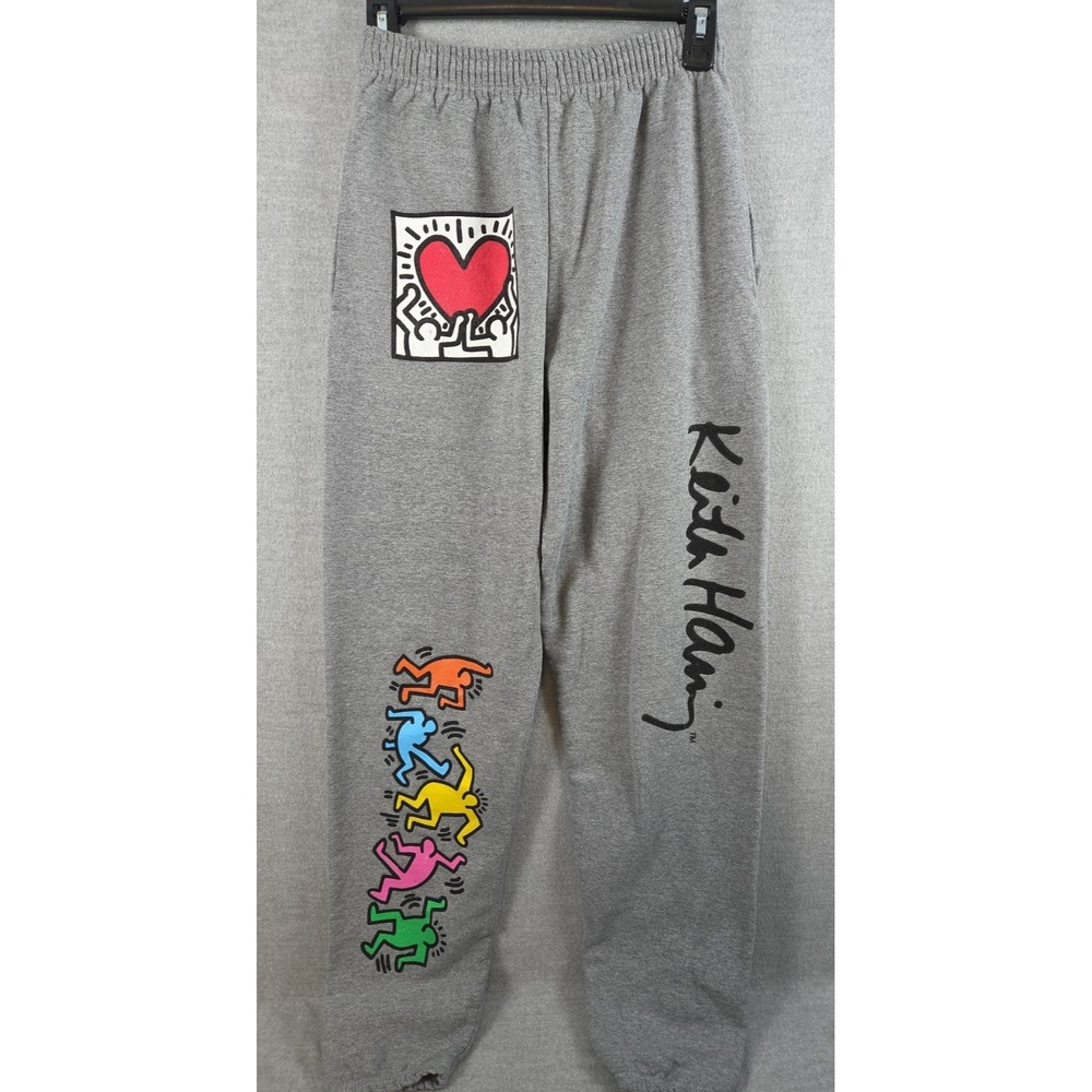Keith Haring Jogger Sweat Pants Mens S Dancing Figures Graphic Drawstring Gray